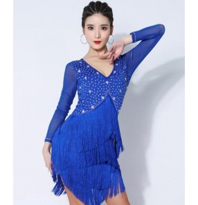 Women girls red royal blue fuchsia black fringe latin dance dresses salsa rumba chacha dance skirts ballroom dance costumes for female